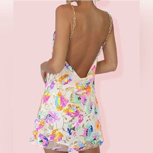 NWT Sisters The Label Kitty Slip Mini Dress - Tropical White & Pearl Silk - Picture 3 of 6